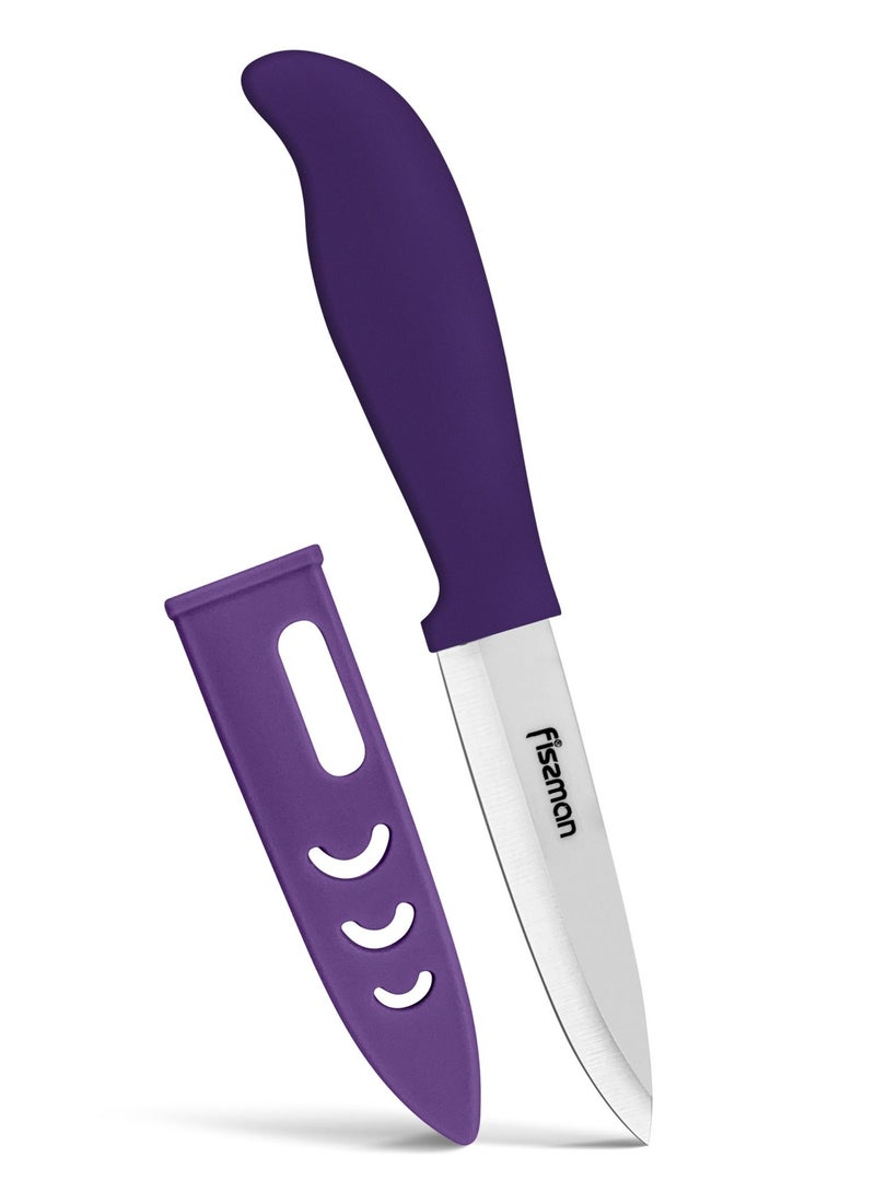 سكين تقشير سيراميكي 4" مع غلاف، سكين تقشير بشفرة بيضاء | سكين تقشير حادة للغاية للحوم والفواكه والخضروات (بنفسجي)